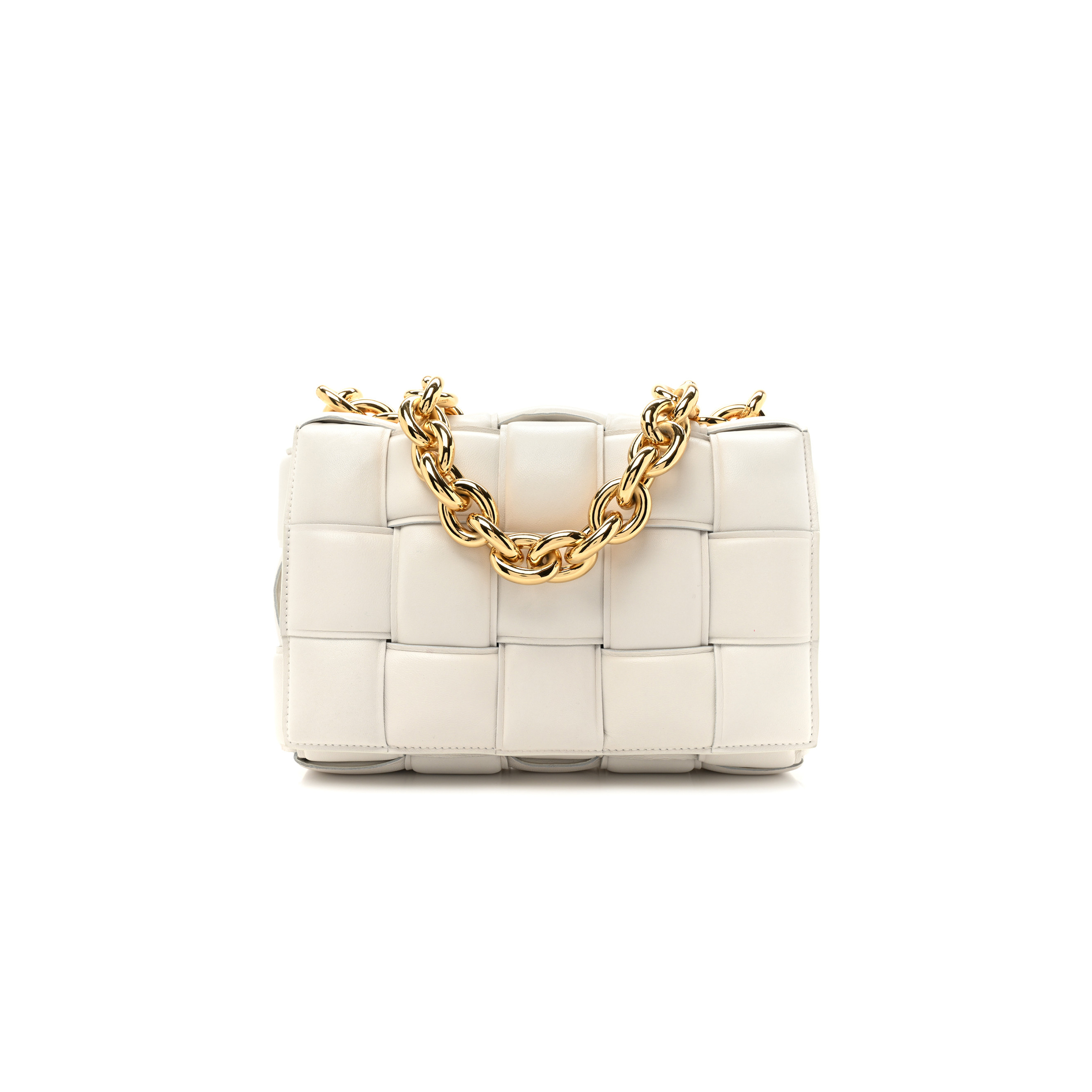 BOTTEGA VENETA LAMBSKIN MAXI INTRECCIO PADDED CHAIN CASSETTE CROSSBODY BAG WHITE (25*17*8cm)